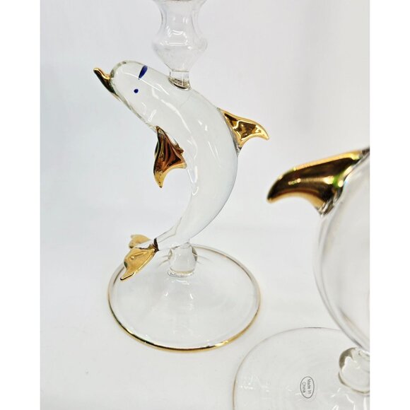 Set Of 3 Handcrafted Dolphin Glass Candle Holders With Gold Accents - Picture 5 of 8